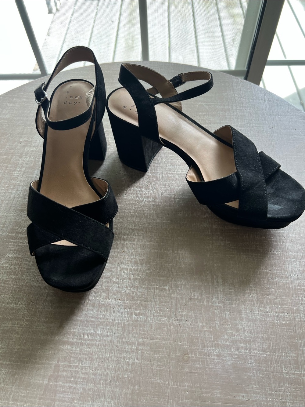 a new day Black Suede Cross-Strap Block Heel Sandals